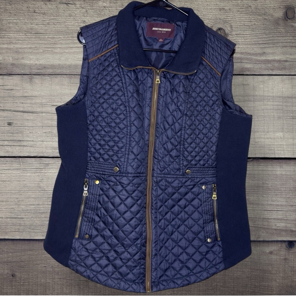 🌺JOHNSTON & MURPHY NAVY QUILTED BROWN PIPING TRIM GOLD TONE HARDWARE VEST - Picture 3 of 7